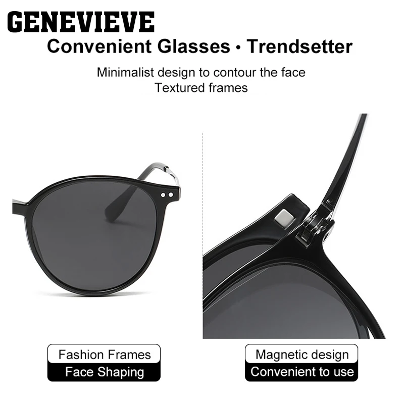 GENEVIEVE Magnetic Clip-On Eyewear Round Fashion Optical Myopia Driving Polarized Sunglasses Blue Light Protection Glasses 2240