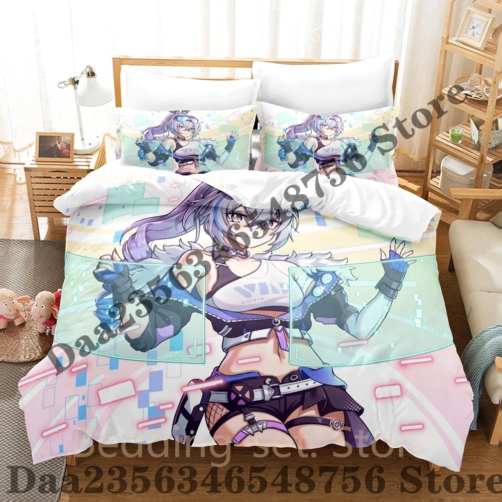 Honkai Star Rail Silver Wolf Design 3pcs Bedding Set Soft Microfiber Duvet Cover Set For Gamers Bedroom Home Decoration