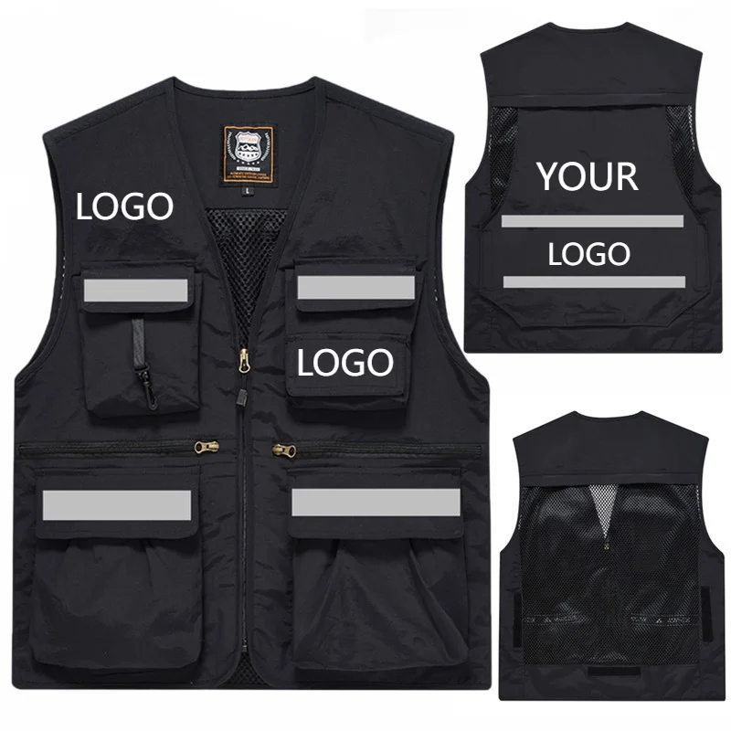 Large Size Men's Vest Embroidered Custom Logo Reflective Vest Multi-pocket Working Vest Camping Sport Hunting Sleeveless Jacket