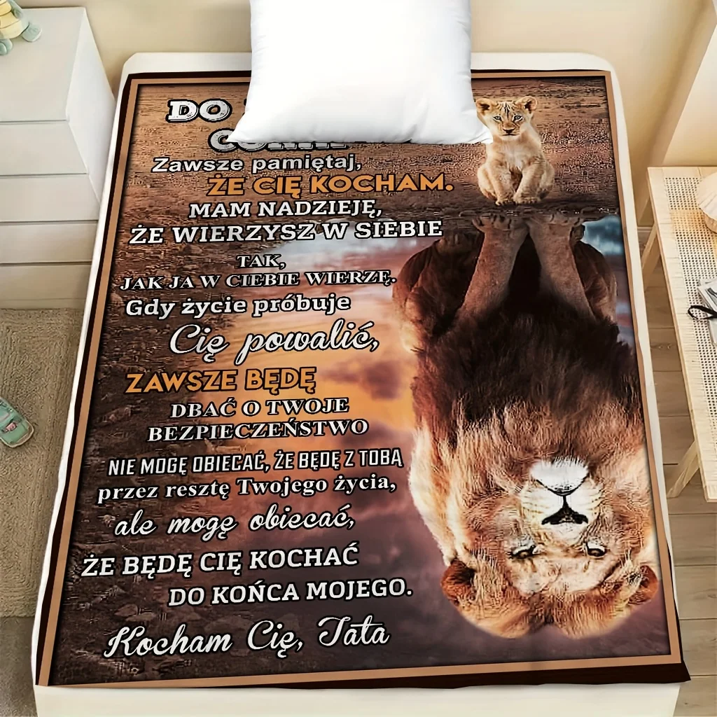 1pc Polish Blessing and Encouragement Message Printed Blanket with Lion Element, a Perfect Gift for Family and Friends, Suitable