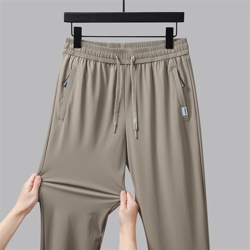 Ice Silk Men's Pants Summer New Black Gray Thin Business Casual Pants Outdoor Elastic Breathable Straight Leg Sweatpants