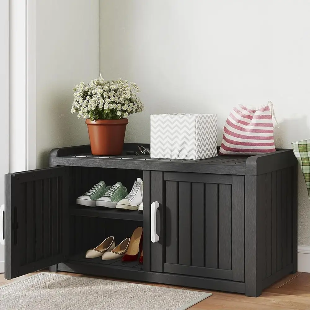 

UV-Resistant Shoe Cabinet with Adjustable Shelves, Entryway Organizer Bench, 2 Barn Doors, Suitable for Hallway and Living Room,