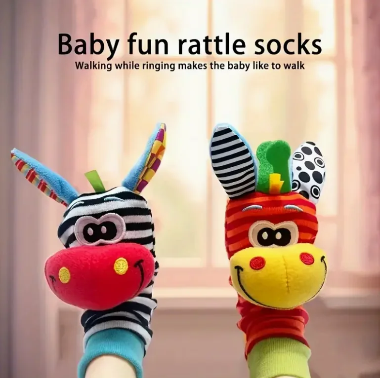4pcs Newborn Youngsters Animal Wristbands with Rattles, Youngsters Rattles Watch with Socks, Toddler Puzzle Color Recognition an