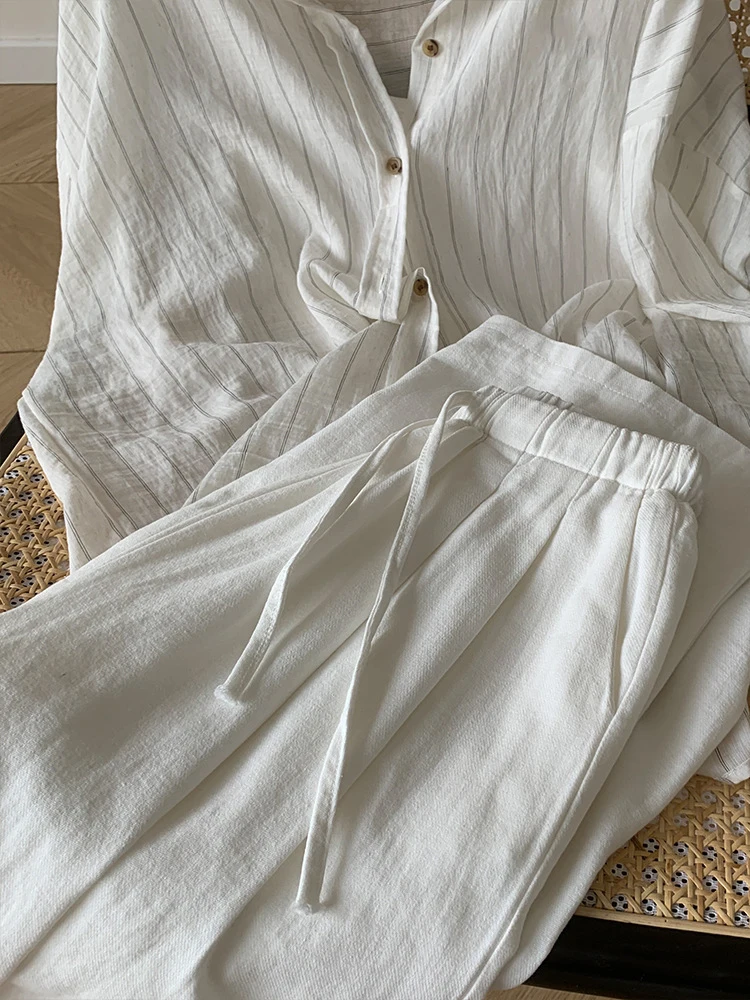 White Cotton and Linen Wide-leg Pants Women's Summer Thin Elastic Waist Versatile Casual Loose Straight Trousers Baggy Pants