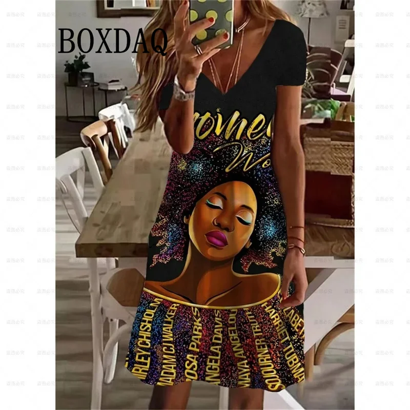 Summer New Fashion Bohemia African Black Girl Print Dresses Women Short Sleeve Dress Casual V-Neck Boho Midi Dress 6XL Plus Size