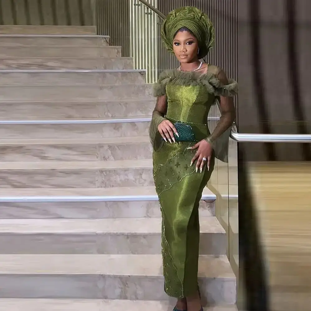 Elegant Olive Green Long Evening Dresses Applique Formal Gowns Nigerian Evening Dress Full Sleeve Ankle Length Robe De Soiree