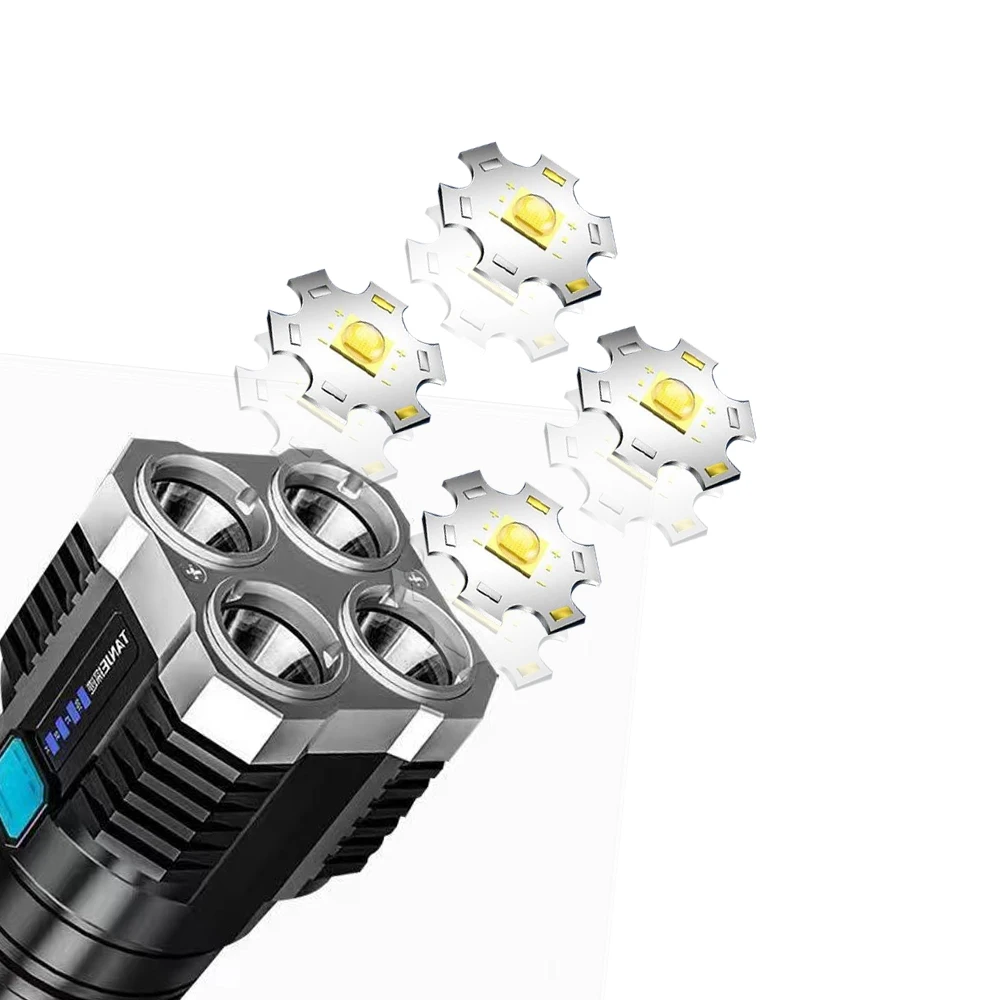 High Power LED Flashlight 4 Chips Floodlight with High/low/Strobe/Side Light 4 modes 18650 Battry USB Rechargeable LED Torch