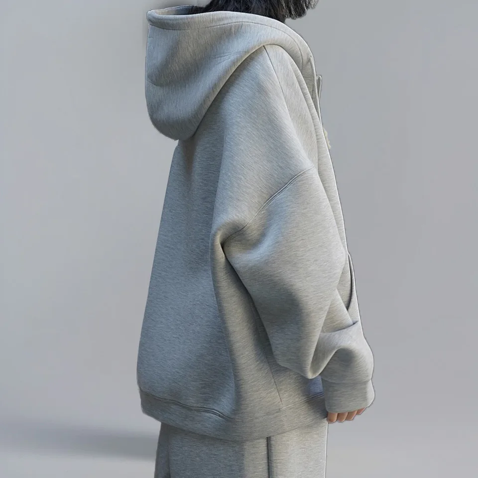 Womens Set Korean style Silhouette Air Layer Hooded Sweater Pants Casual Zipper Jacket Drawstring Wide Legs Pants Two-piece Suit