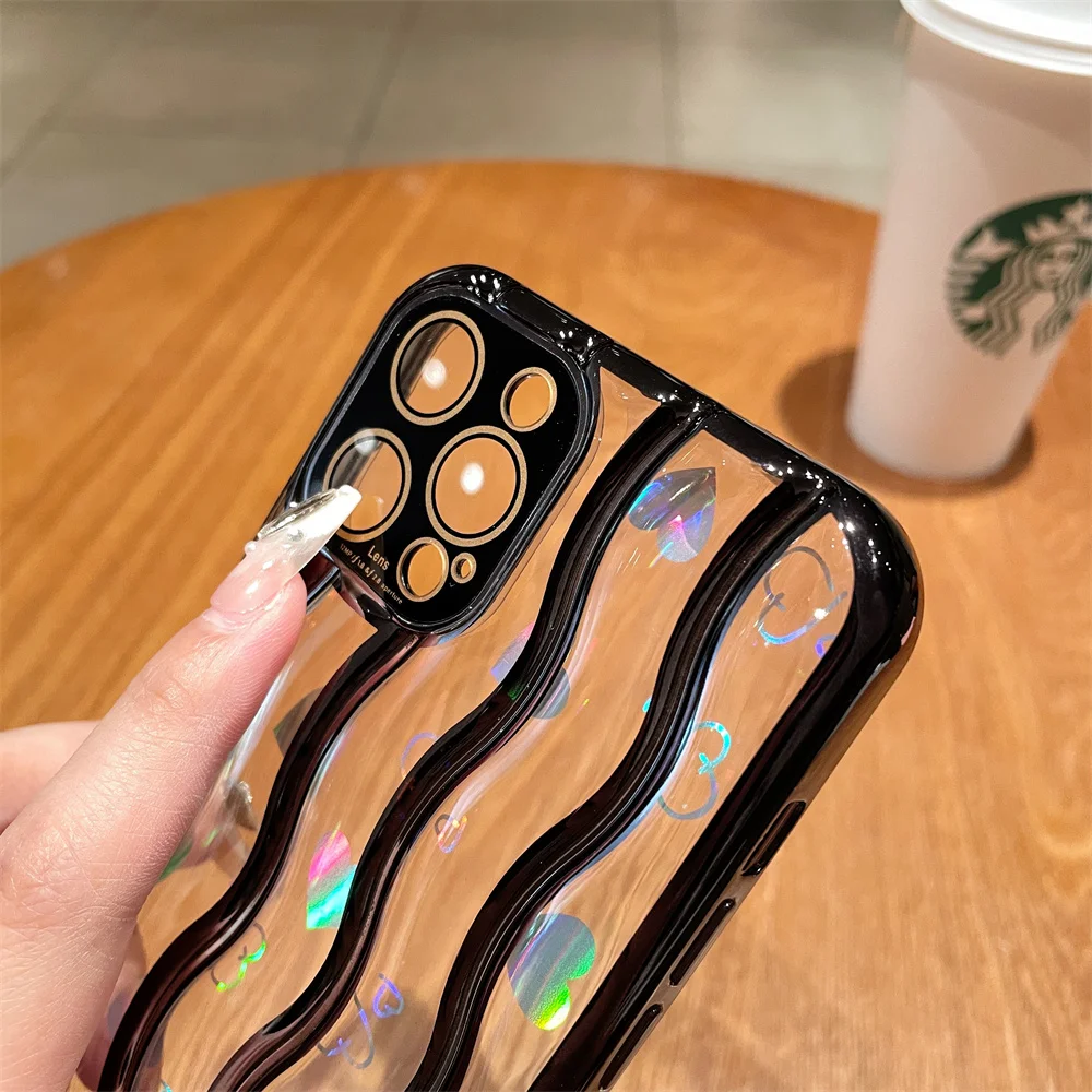 Glitter Love Paper Plating Edge Water Ripple Pattern Soft TPU Case for iPhone 15 Pro Max 11 12 13 Pro 14 Plus Clear Rugged Cover