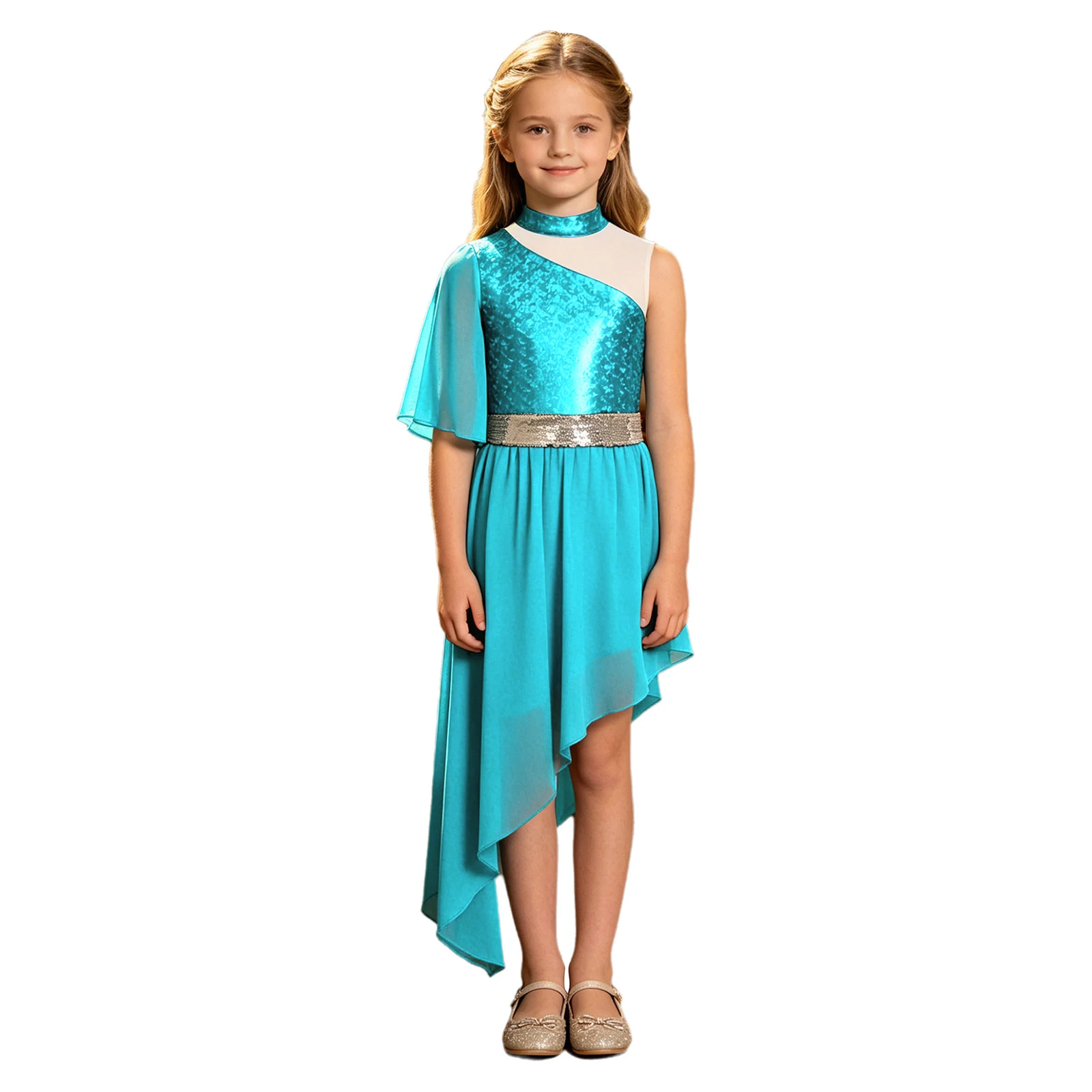 Kids Girls Modern Liturgical Praise Lyrical Dance Dress Dancewear One Flare Sleeve Sequin Waistband Asymmetrical Worship Costume