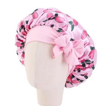 Çocuklar için saten kaput uyku şapka ipek duş kap çocuk saç bere geceleri erkek kız çiçek baskılı ipek uyku kap bant yay ile