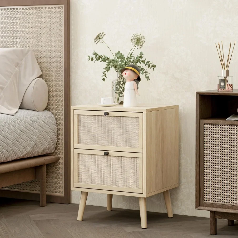 Rattan Nightstand Set of 2, End Table Rattan Bedside Table Side Table with 2 Hand Made Rattan Decorated Drawers Wood