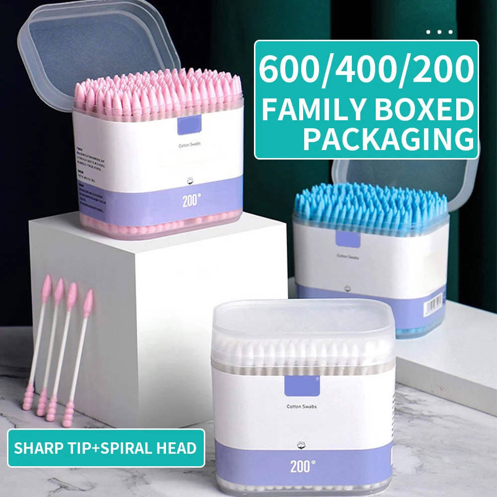 600/400/200 قطعة منصات قطنية مزدوجة الأطراف أعواد خشبية مدببة مزيل ماكياج صندوق تنظيف الأذن مسحات قطنية للاستعمال مرة واحدة