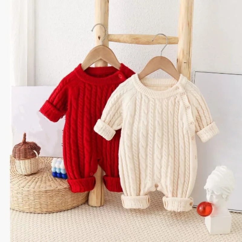 Christmas New Year Warm Cable Knit Baby Romper Solid Color Round Neck Side Buttons Unisex Toddler Crawling Suit Outerwear