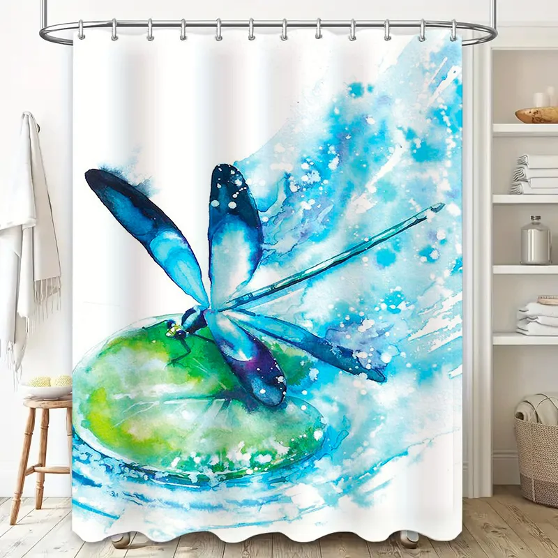 

Watercolor Blue Dragonfly Bath Shower Curtain Creative Design for Bathroom Decor