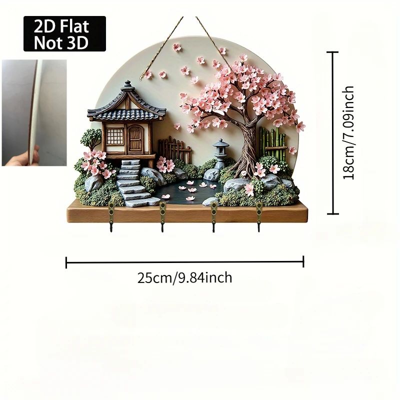 2D Japanese Cherry Blossom Tree and Pond Stone Home Key Rack with Four Metal Hooks. Suitable for Wall Decoration, Porch Decorati