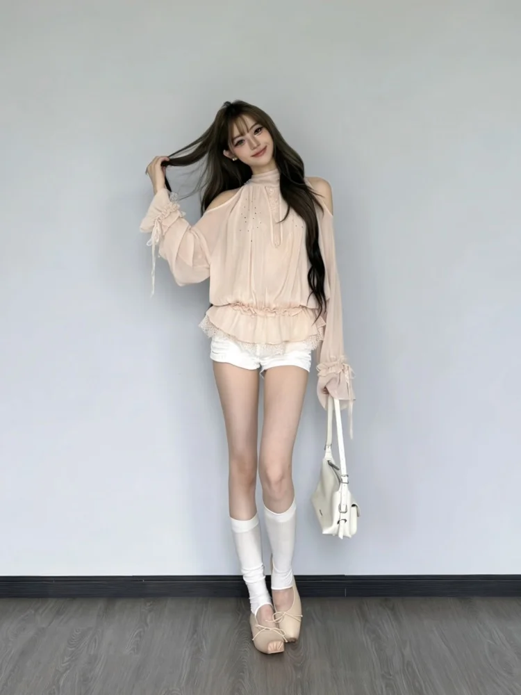 

Elegant Long Sleeve Women's Chiffon Top Diamond Decorated Loose Lace Splice Drifting Brought by Summer Casual Style Fashion