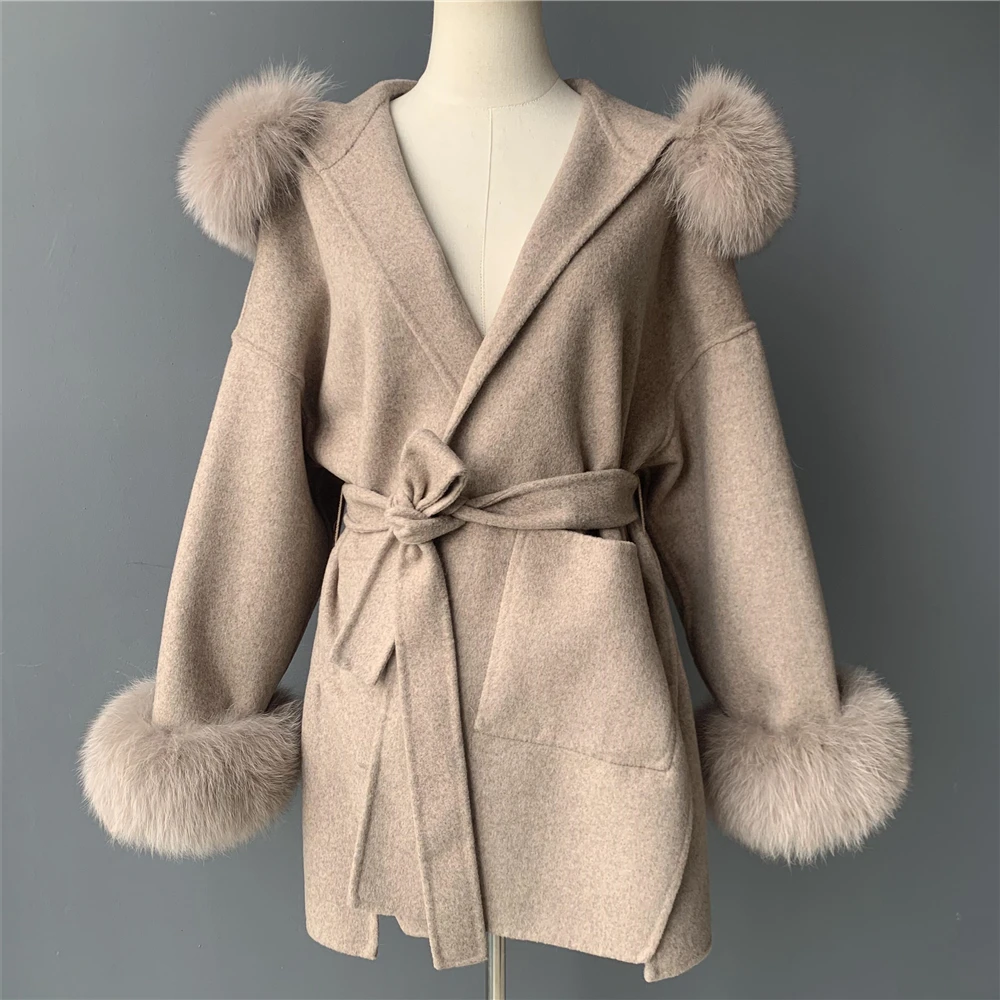 Jxwatcher wollen jas en mengsels mode middellange kasjmier jas met capuchon 100% echte vossenbontkraag manchetten winterjas voor dames