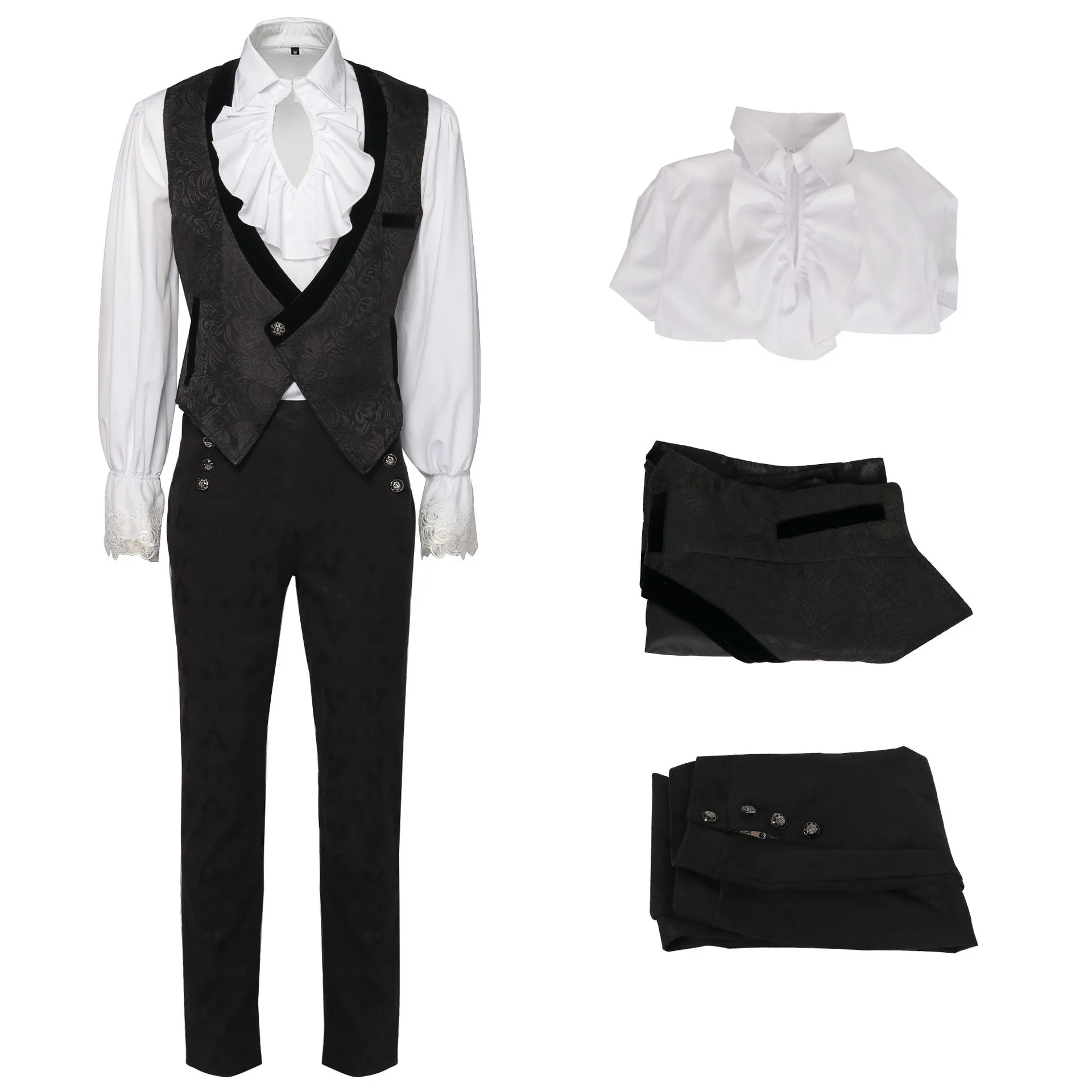 Herren Gothic Kostüm Set Schwarz Gentleman Frack Hemd Steampunk Halloween Vampir Cosplay Kostüm