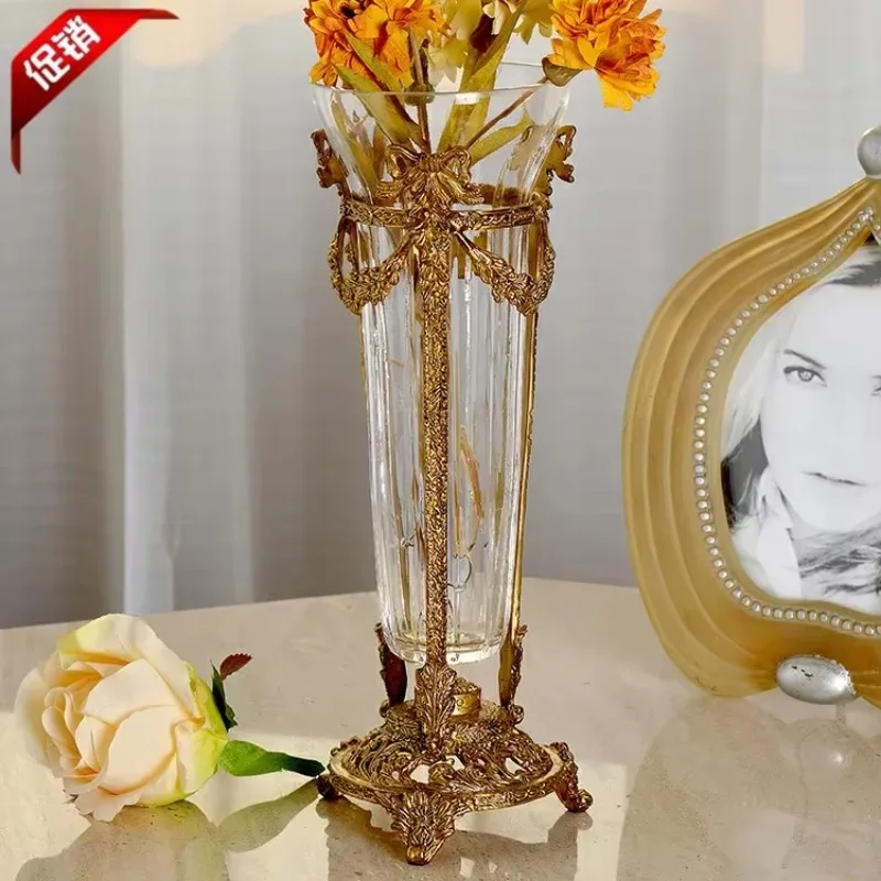 European American crystal glass inlaid copper flower arrangement vase, home accessories, desktop ornaments, high-end luxury flow