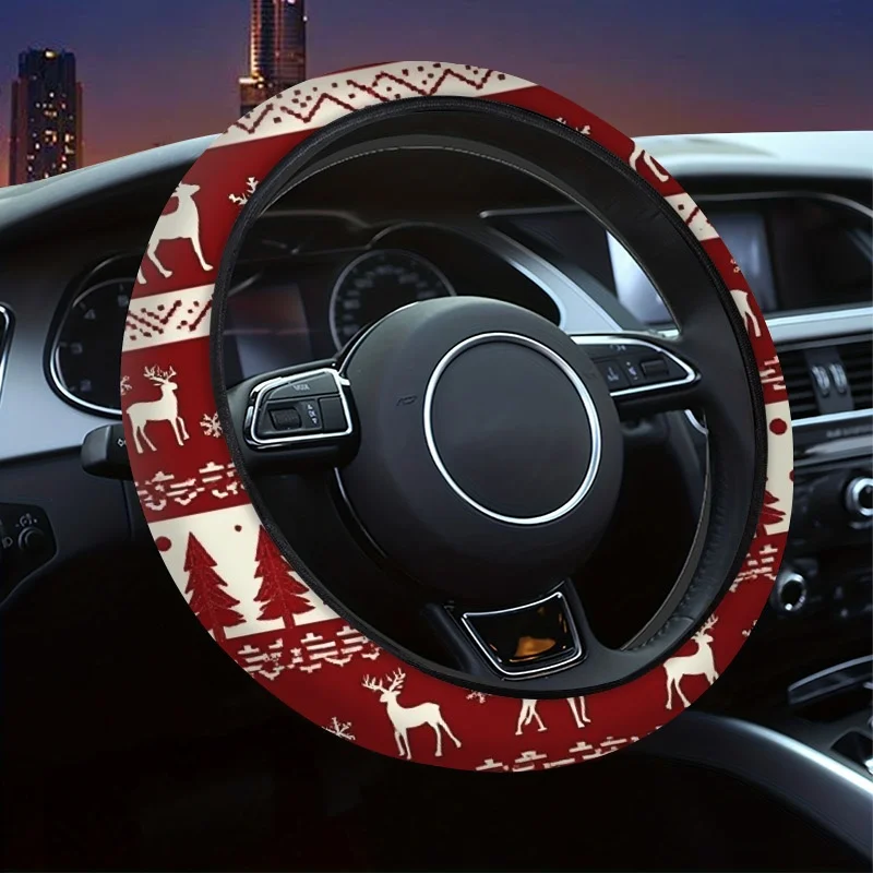 Christmas Themed Car Steering Wheel Cover Material, Red White Reindeer Snowflake Print Festive Auto Interior Decoration