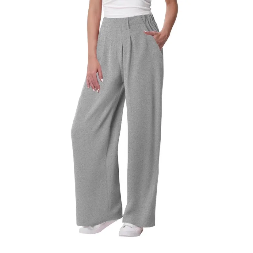 Women's Solid Color Pants with Pocket Elastic Waist Straight Tube Loose Stretch Pants Wide Streetwear Joggers Baggy Long Pants