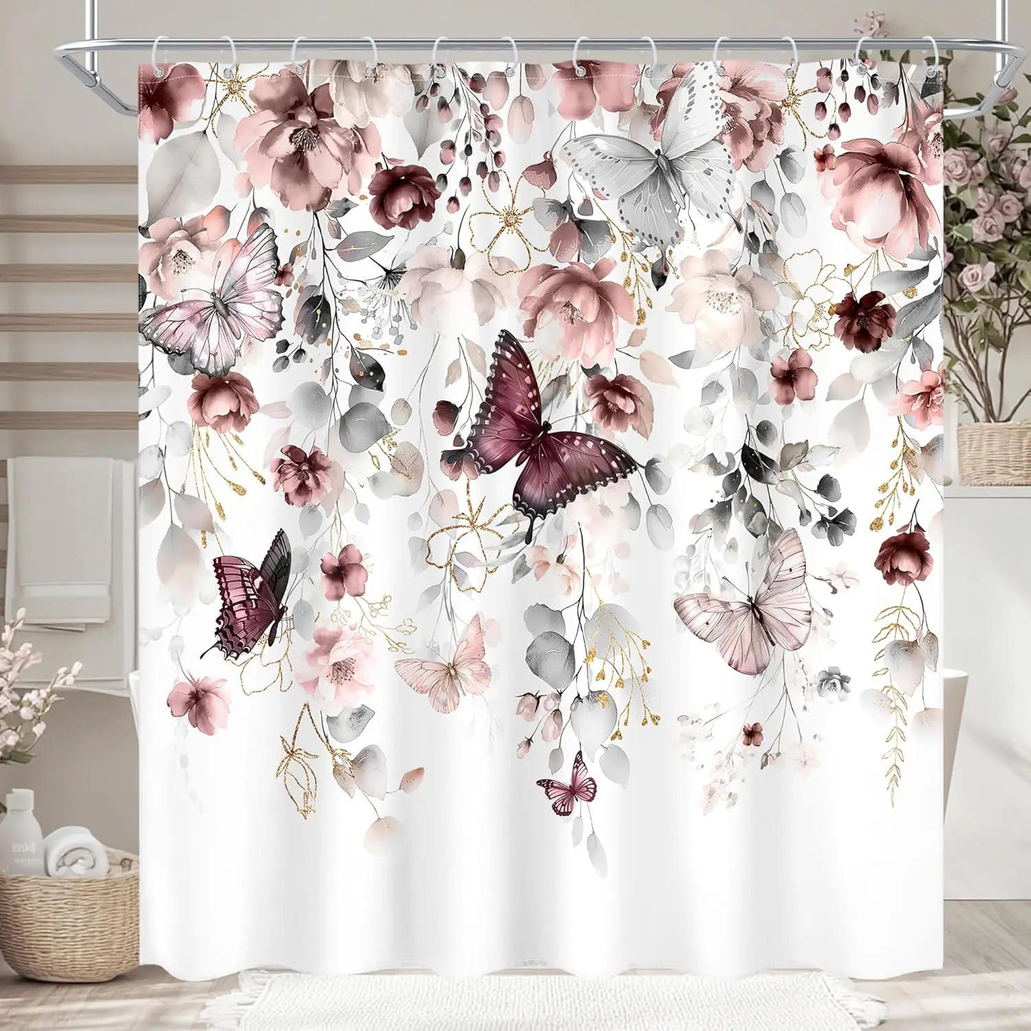 

Pink Purple Floral Shower Curtain with Butterflies Watercolor Print for Bathroom Decor