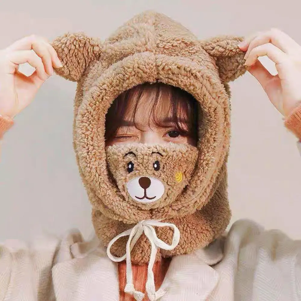 Casual Premium Material Warm Furry Hat Windproof Warm Lining Scarf Mask Integrated Hat Overhead Cap Skullies & Beanies