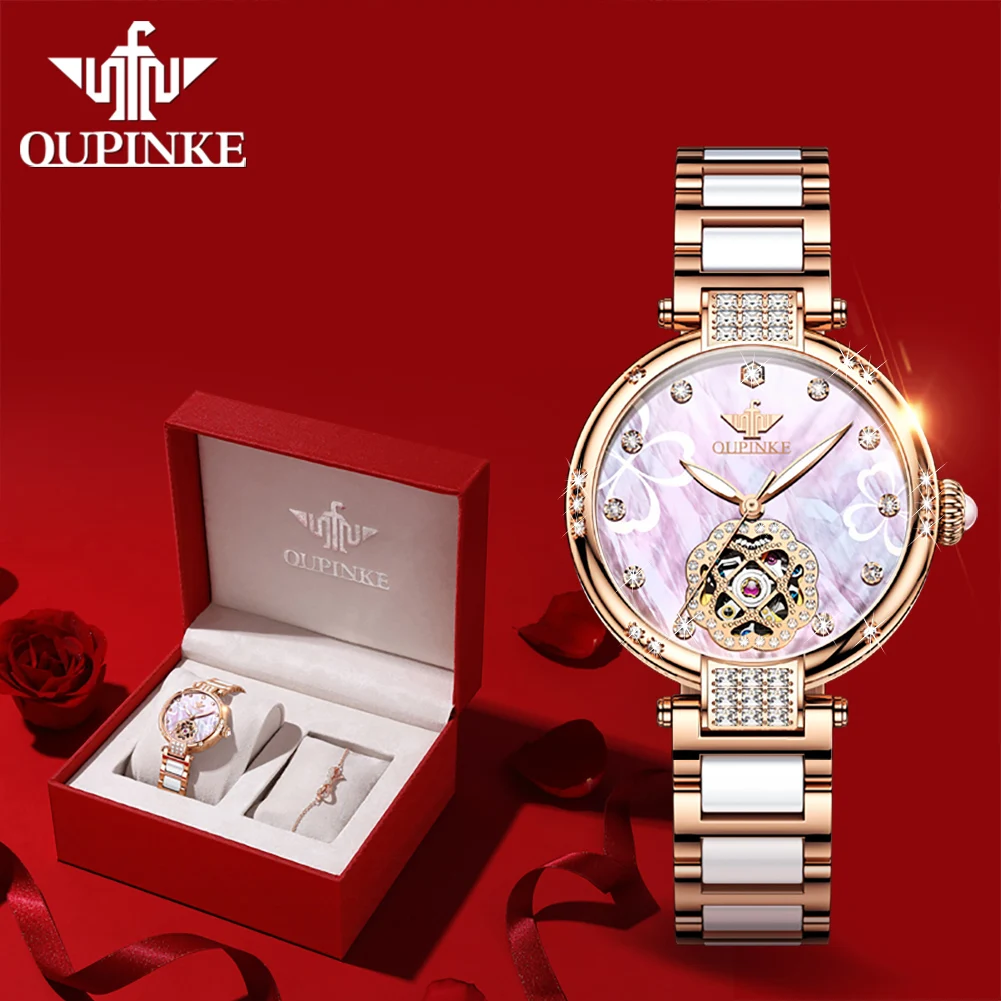 OUPINKE 3183 ساعة سيدات أصلية فاخرة أنيقة الهيكل العظمي ساعة ميكانيكية 50 متر مقاوم للماء تاريخ اليوم ساعة للنساء السيراميك