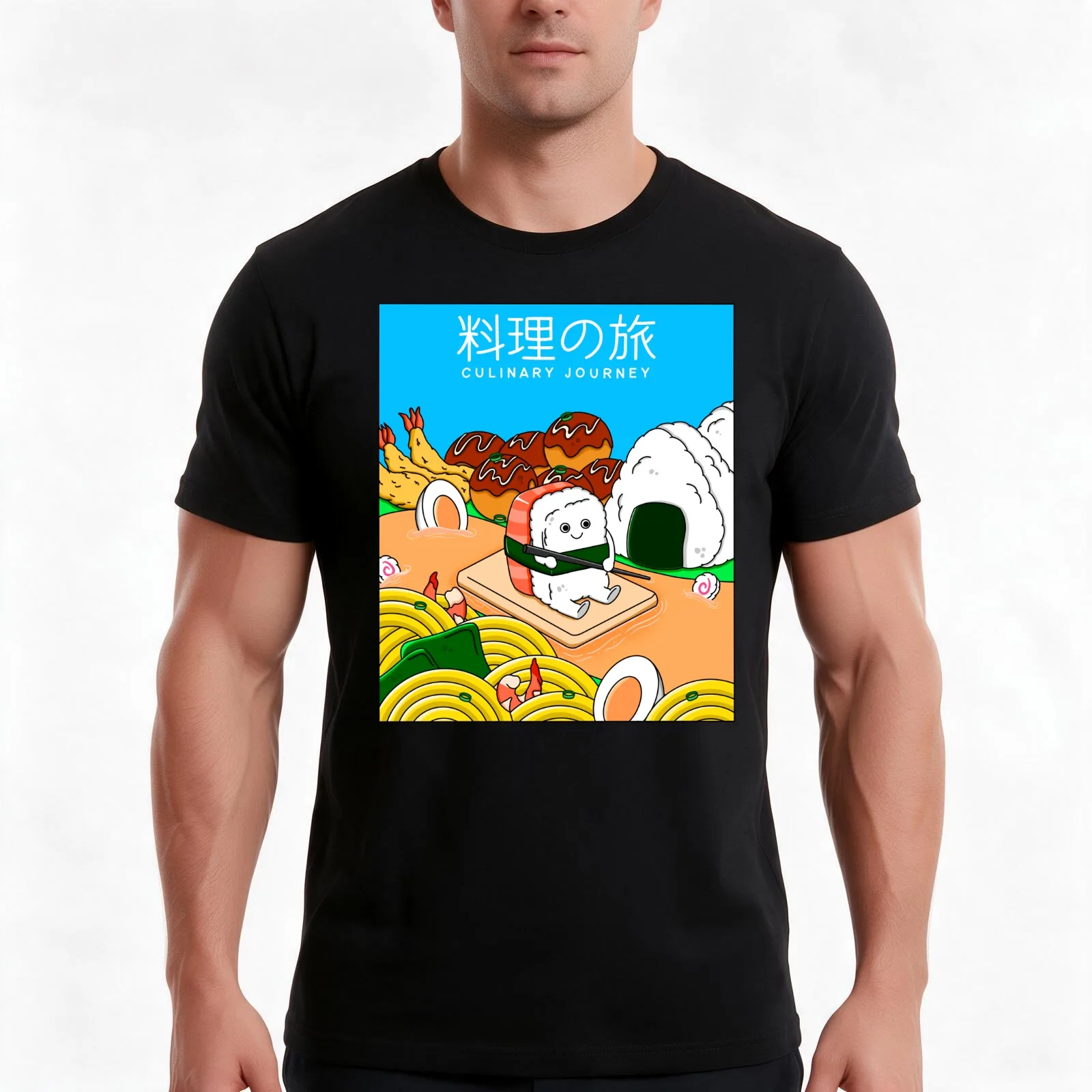 Japanese Culinary Journey T-Shirt, Summer Casual Cotton Tee, Oversized Streetwear Tops, Vintage Graphic Print, Unisex Men Women