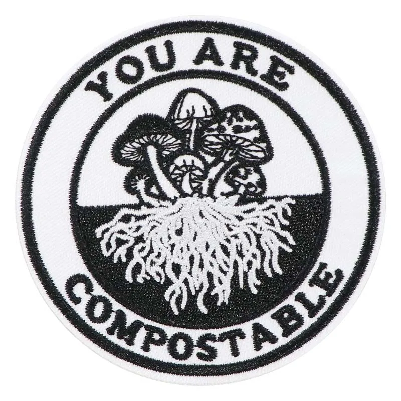 Parche Bordado Termoadhesivo con la Frase 'Eres Compostable', Diseño de Hongo y Naturaleza, para Regalo DIY en Ropa, Gorras, Bolsas, Chaquetas y Gorras de Camionero