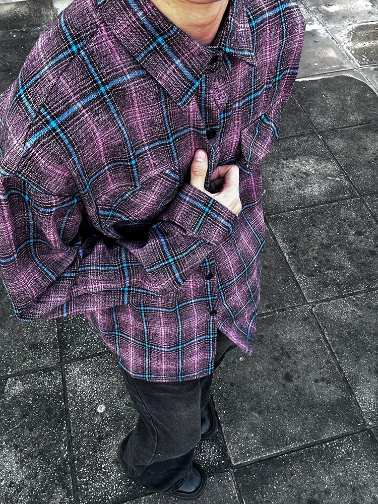 

Ретро-американская красная клетчатая рубашка-куртка для мужчин, весенне-осенняя, свободного кроя, повседневная, с длинным рукавом, на пуговицах, из смесового хлопка и полиэстера