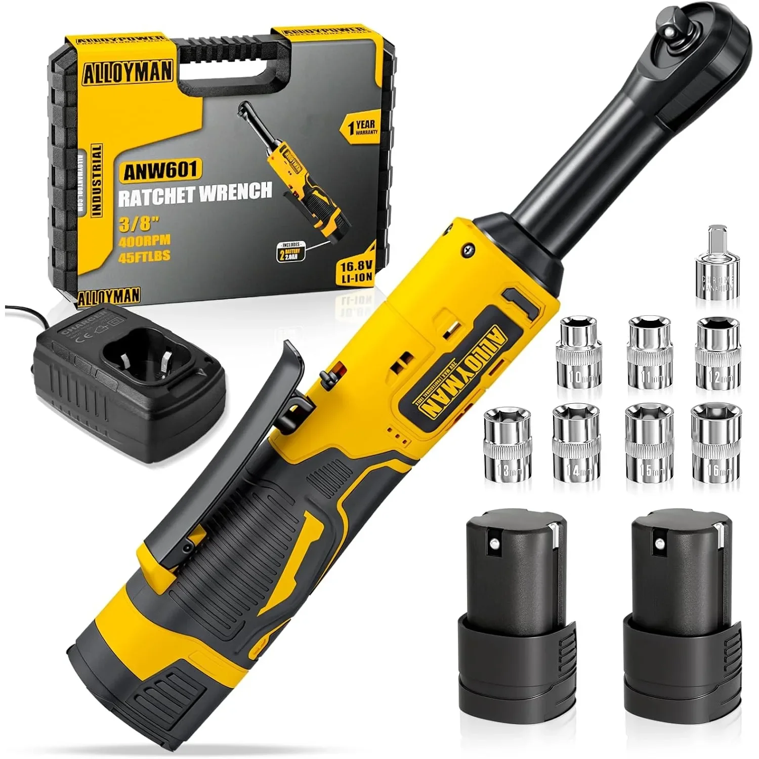 for 16.8V 2.0Ah Li-Ion Cordless Ratchet Wrench Kit, Yellow, 400 RPM, 7 Sockets, 1/4 Inch Adapter, 1 Hour Fast Charge