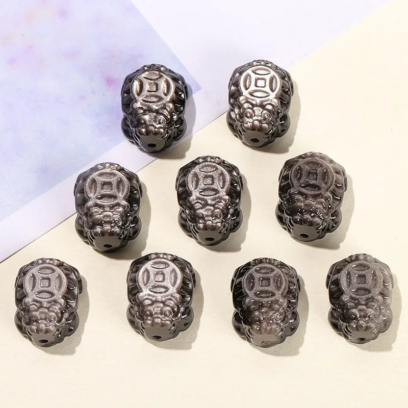 1 Pc Natural Silver Obsidian Stone Carved Dragon Turtle Wealth Bead With Hole For Jewelry Making Diy Necklace Pendant Accessory