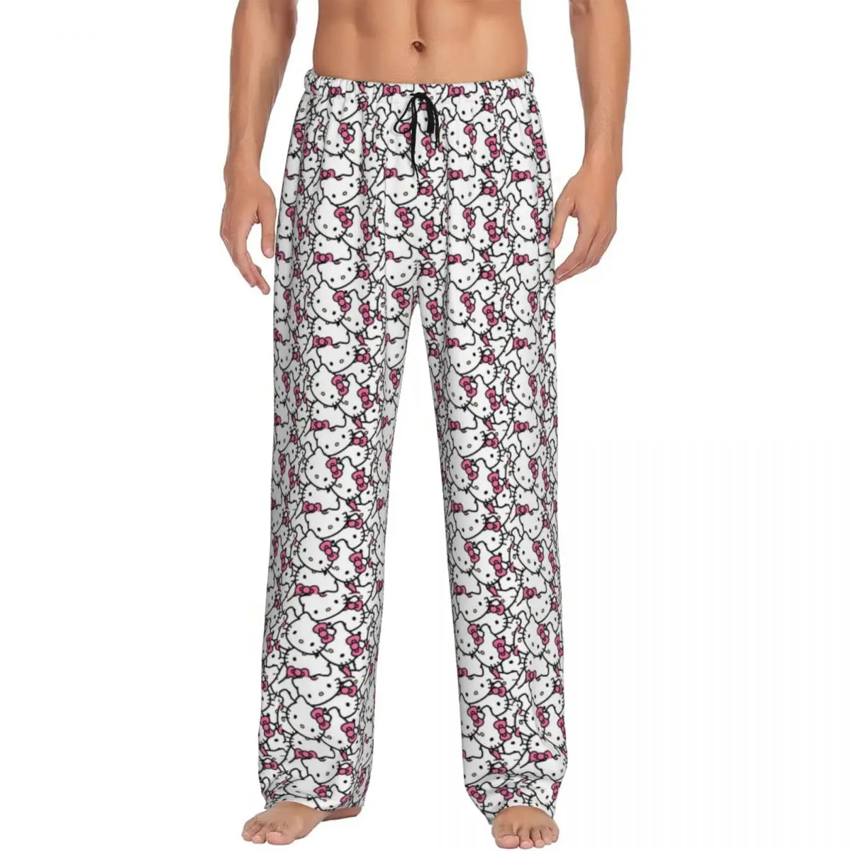 Custom Printed Men Hello Kitty Pajama Pants Cartoon Sleepwear Sleep Lounge Bottoms with Pockets