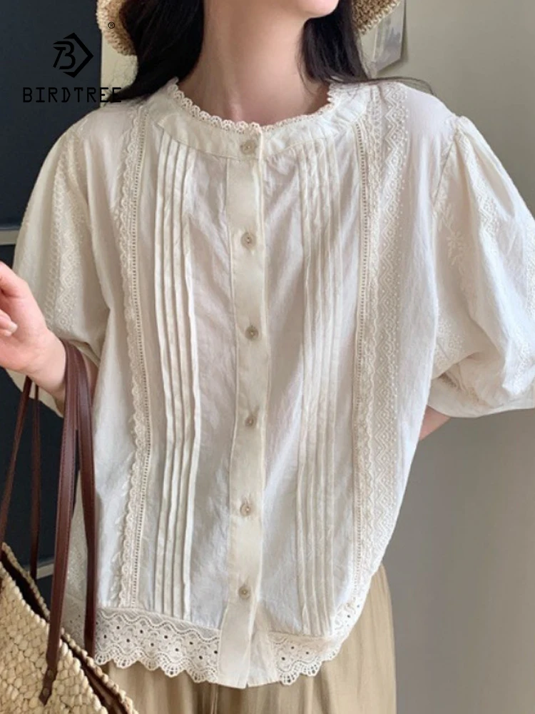 

New Summer Cotton Short Sleeve Shirt Embroidery O Neck Tops Girl Fashion Sweet Retro Loose French Blouse 2024 Autumn T46346QC