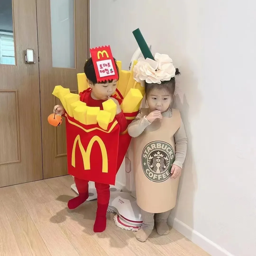 Halloween Creative Funny Spoof Fries Baby Costume Set for Boys Girls Kids Cute Stage Performance Costumes Fries Jumpsuit Suits