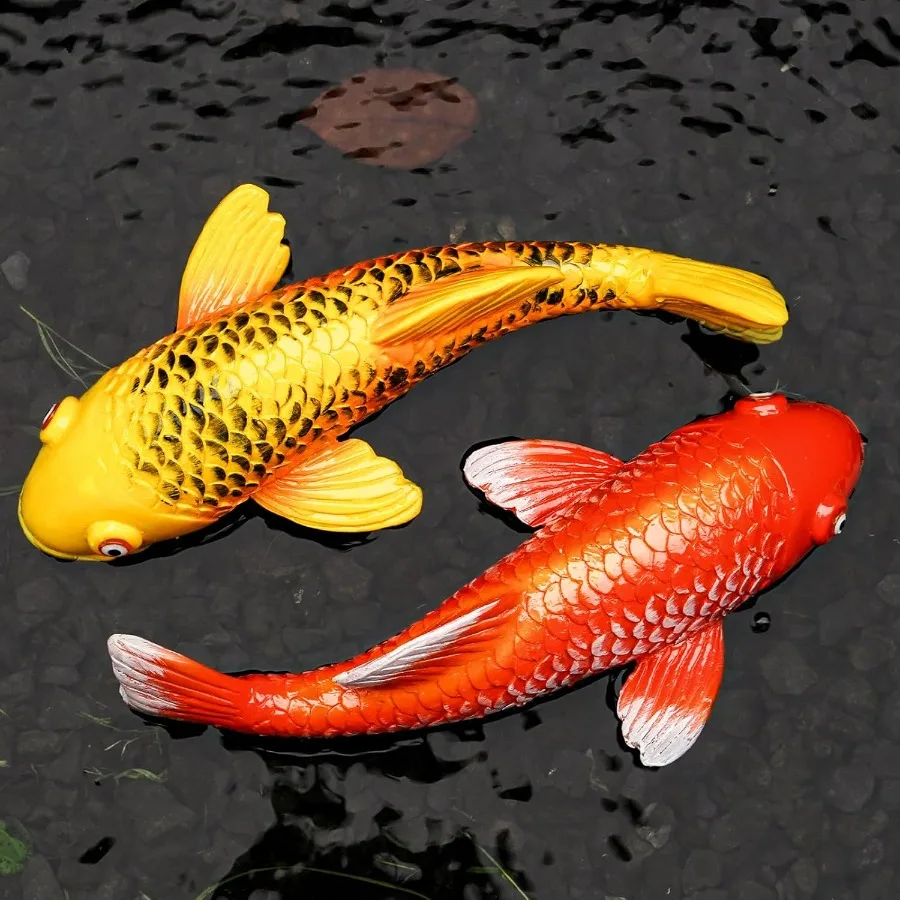 

Set of 2 Koi Fish Garden Stakes Red and Gold Resin Sculptures Weatherproof Outdoor Patio Pond Decor Feng Shui Yard Art Easy Set