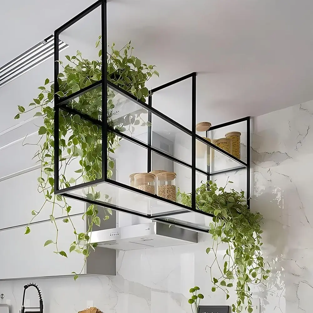 

Double-Tier Wall-Mounted Kitchen Spice Rack and Plant Stand, Black Iron Storage Shelves for Home/Office, 80x30x80cm
