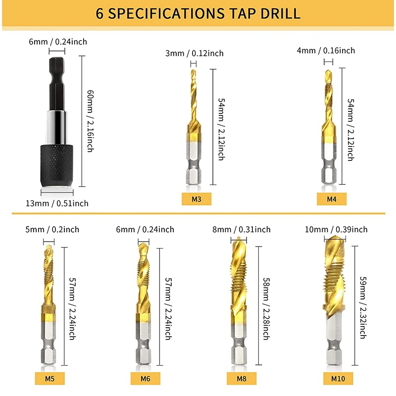 

ABAJ-7Pcs Combination Drill And Tap Bit Set 3-In-1 Coated Screw Tapping Bit Tool For Drilling Metric Thread HSS M3-M10