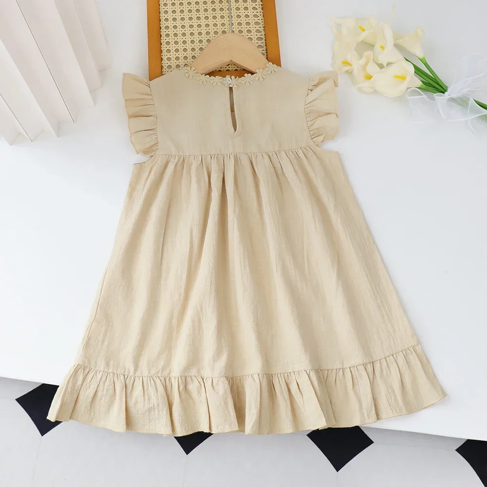 Baby Girls Summer Flower Embroidered Dress Summer Retro Flying Sleeve Dresses with Pockets Children Casual Clothes Fashion