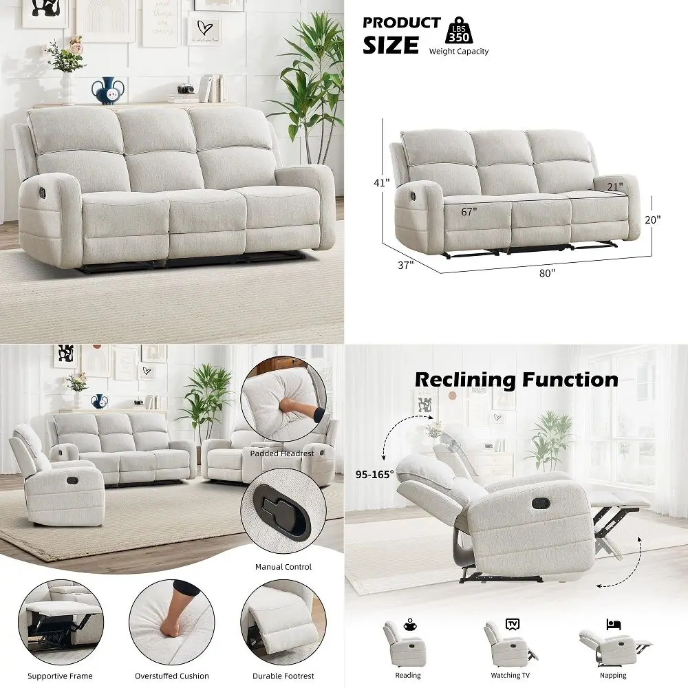 

Manual Living Room Furniture Reclining Couch Set, Soft Fabric 3 Seat Sofa Recliner Sofa for Meeting Room, Overstuffed Backrest