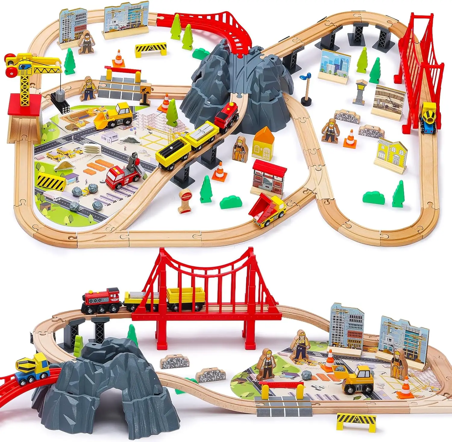 

112PCS Wooden Train Set - Construction Theme Toy Train for Toddler, Train Tracks Compatible with All Major Brands, Ideal Railway