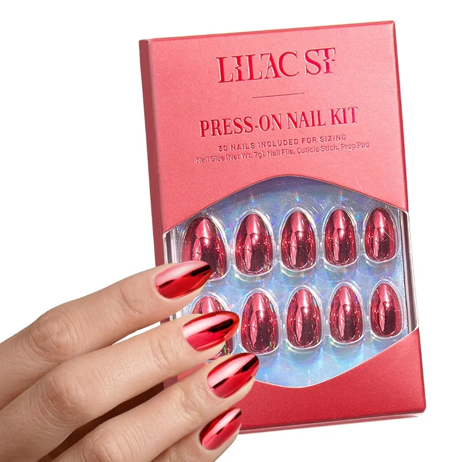 

Press on Nails Cherry Plated with Chrome and Glossy Finish in Short Almond Shape 30 Nails 15 Sizes Includes BrushOn Nail Glue N