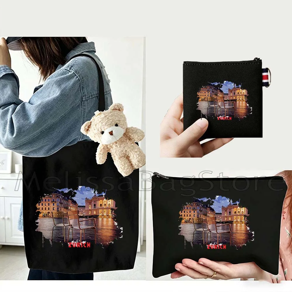 4PCS Gifts Set Zurich Switzerland Black Canvas Tote Bag Handbag with Doll Key Coin Purse Cosmetic Makeup Toilet Bag Case Pouch