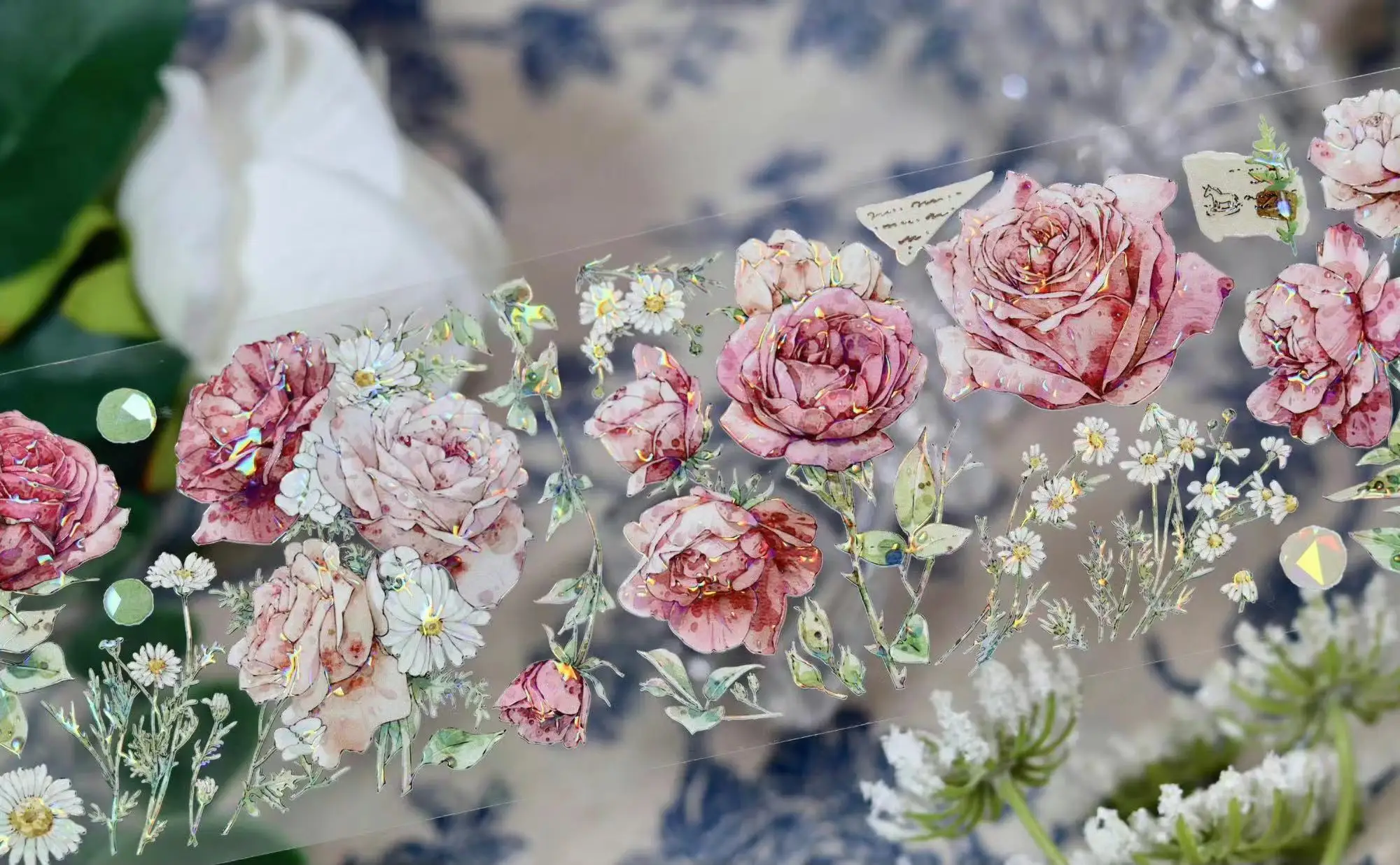 شريط واشي زهري عتيق للحيوانات الأليفة ، ملصق زخرفي لصنع البطاقات ، خطة سكرابوكينغ سهلة الاستخدام ، وردة حمراء وزهرة بيضاء #3