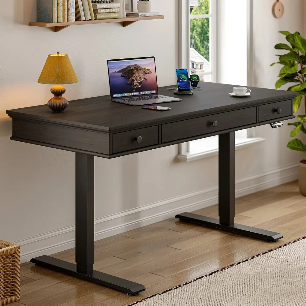 

Standing Desk, Height Adjustable Desk with Storage & Outlets, 55 x 23 Inch Electric Table for Office, Curved Stand Up Desk