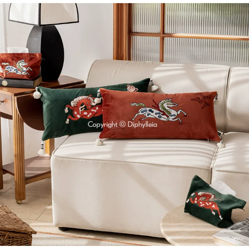 Diphylleia Modern Abstract Vintage Horse Lumbar Pillowcase Luxurious Samarkand Embroidery Accent Cushion Cover For Sofa Armchair