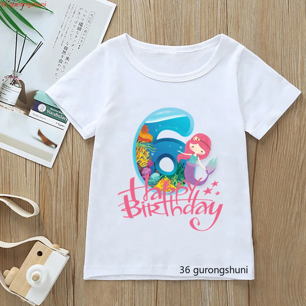 

New Girls T-shirt Number 1-9th Happy Birthday Gift T Shirt Mermaid Graphic Print Children Clothing Tees Kawaii Clothes Tops