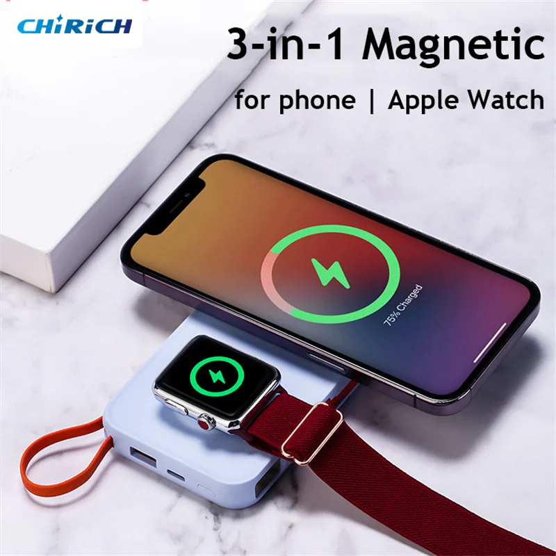 3in1 Magnetic Wireless Power Bank For iPhone iWatch Apple Watch 10000mAh Fast Charging Powerbank USB C External Spare Battery